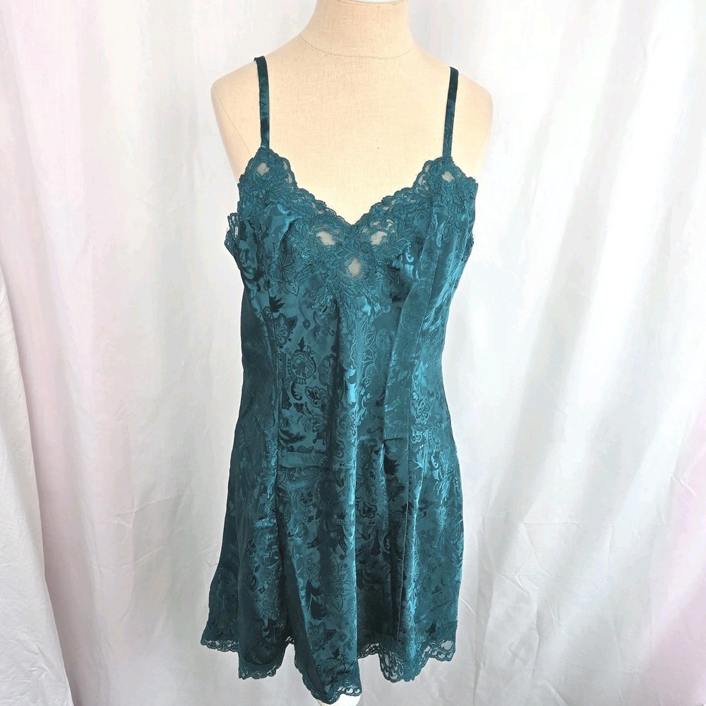 Victoria's Secret Vtg Gold Label Emerald Green Satin Lace Chemise Size L Slip